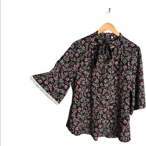 Angela Plus | Dark Floral Print Neck Tie Blouse bell sleeves •